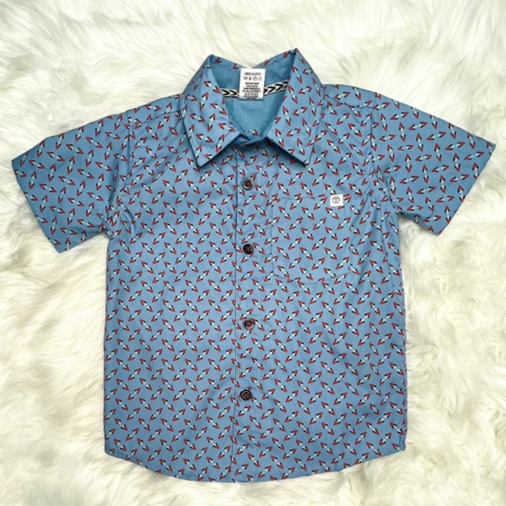 NWT Toby Clothing Boys Blue And Orange Patterned Button Up Short Sleeve Shirt